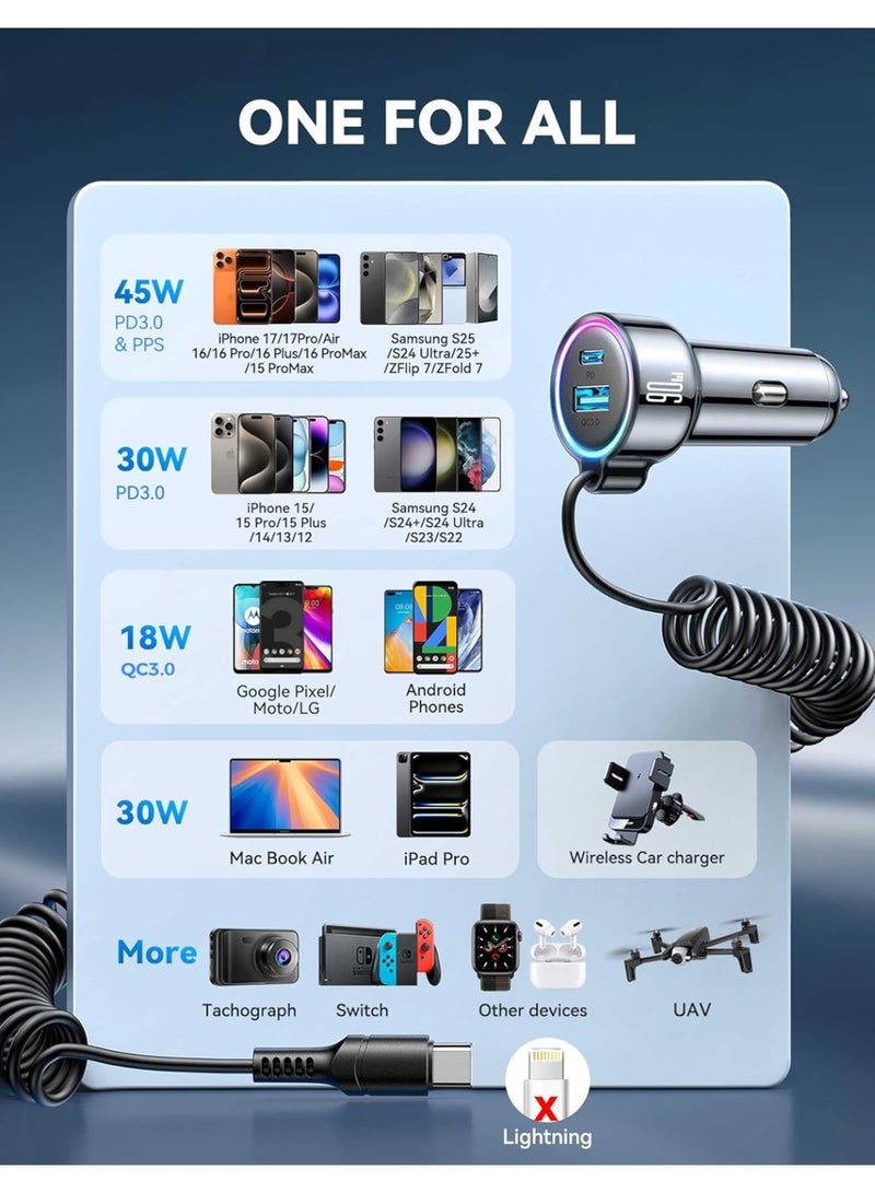 شاحن سيارة USB C 90W لـ iPhone 17/16 Pro Max، PD و QC3.0 مع كبل مُلتف نوع 45W بطول 5 أقدام، محول شحن سريع للهاتف في السيارة لـ iPhone 17Air/15 Pro، سامسونغ جالاكسي S25/S24/S23، بيكسل 10/LG/أندرويد، أيد باد - Image 2